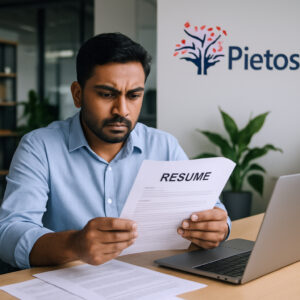 An Indian recruiter reviewing resumes at a modern office desk, focused on a candidate background check report