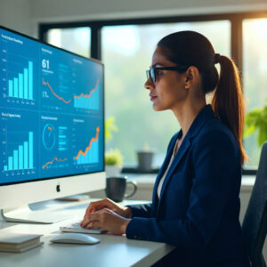 HR leader using analytics dashboard for pre-employment verification, tracking hiring patterns, risks, and compliance digitally