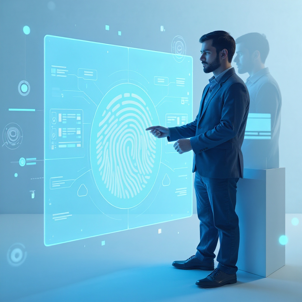 Indian HR professional reviewing digital address verification on an AI-powered screen.