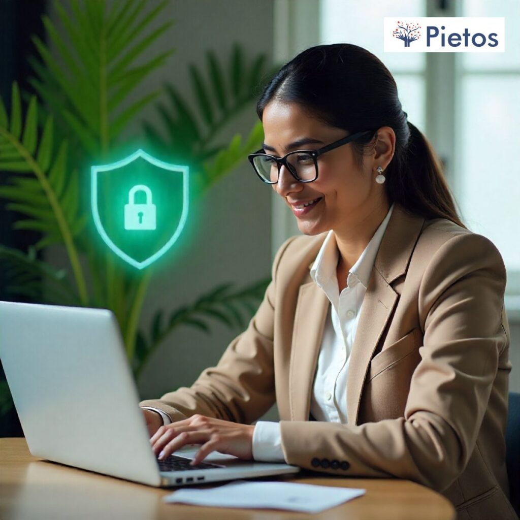 Indian HR professional reviewing documents on laptop with security shield overlay, representing DPDP digital verification.