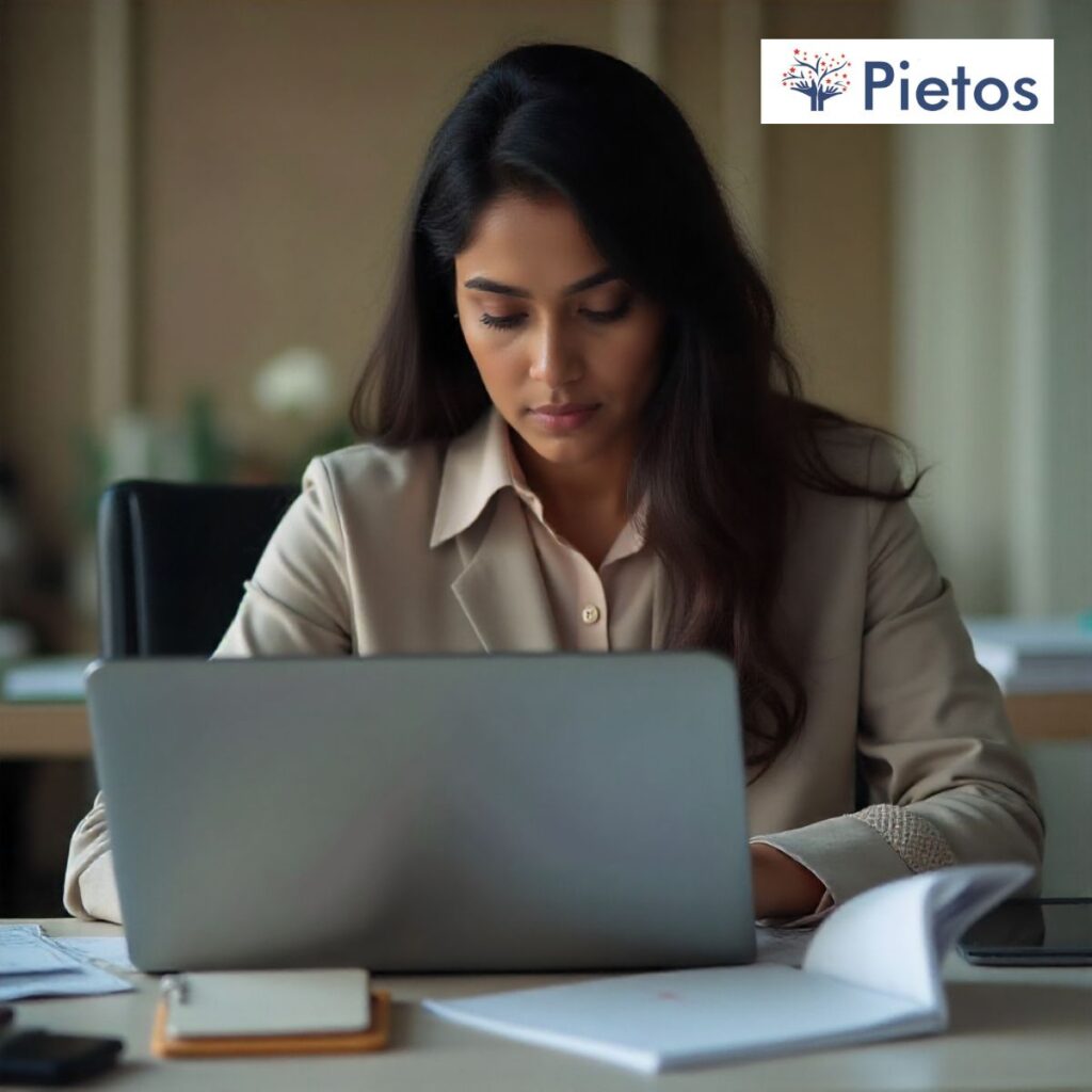 HR manager reviewing digital report used by employee background check companies