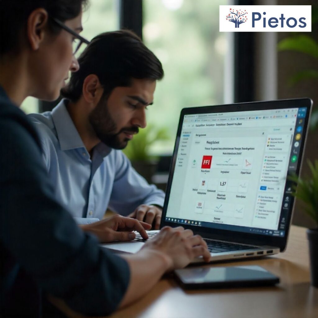 “HR manager verifying employee UAN details on a laptop with checklist and PF, UIDAI, and employment history icons.”