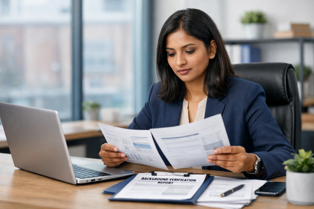 Background verification cost in India showing Indian HR professional reviewing verification reports and hiring documents