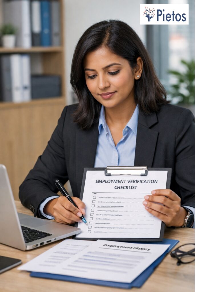 Employment verification services in India with Indian HR professional reviewing employment records and verification checklist