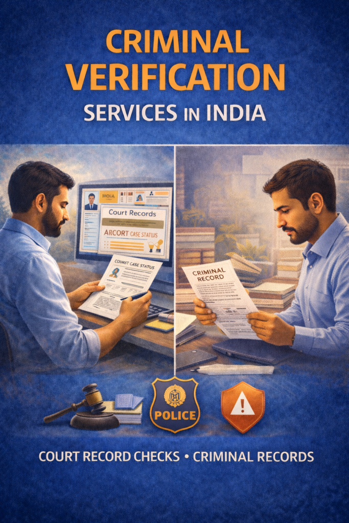 Criminal verification services in India showing professionals reviewing court records and legal case status