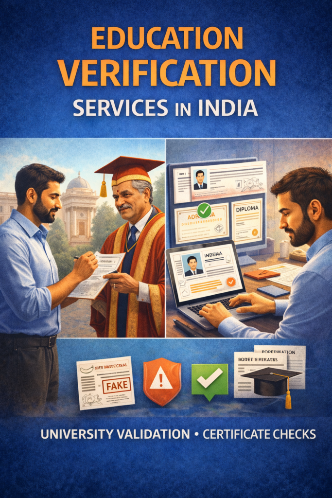 Education verification services in India showing Indian professionals validating degrees and academic certificates