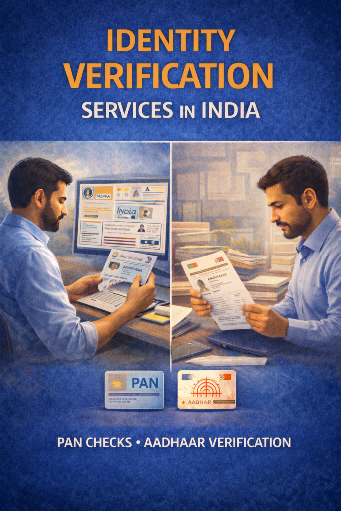 Identity verification services in India showing Indian professionals verifying PAN and Aadhaar documents