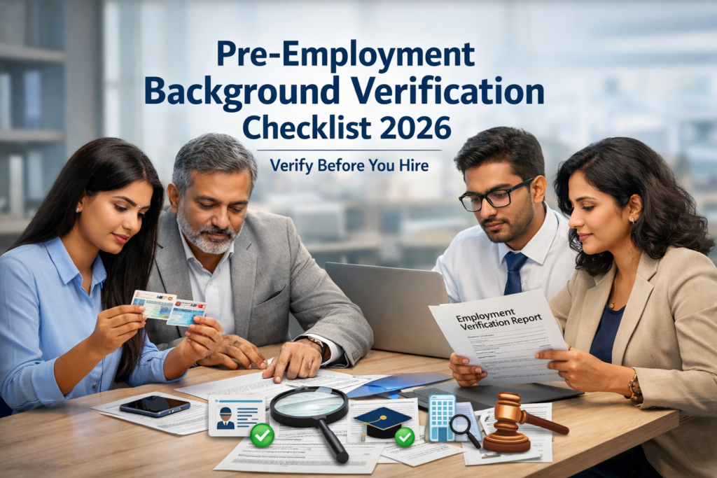 Pre-employment background verification checklist showing HR professionals verifying employee identity, employment and documents in India