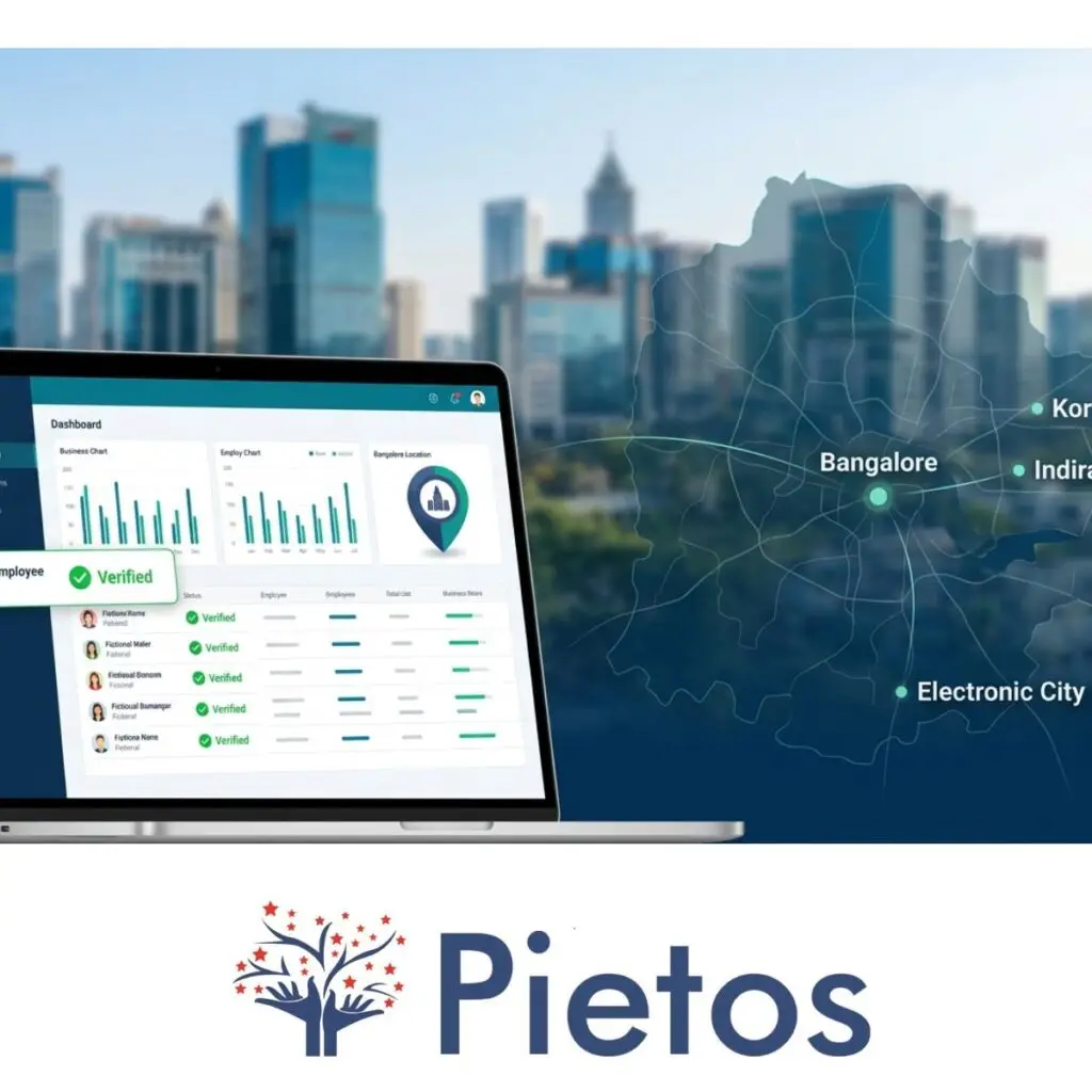 Background verification dashboard showing verified employees with the Bangalore skyline (UV Towers) in the background. Pietos tech BGV vendor.