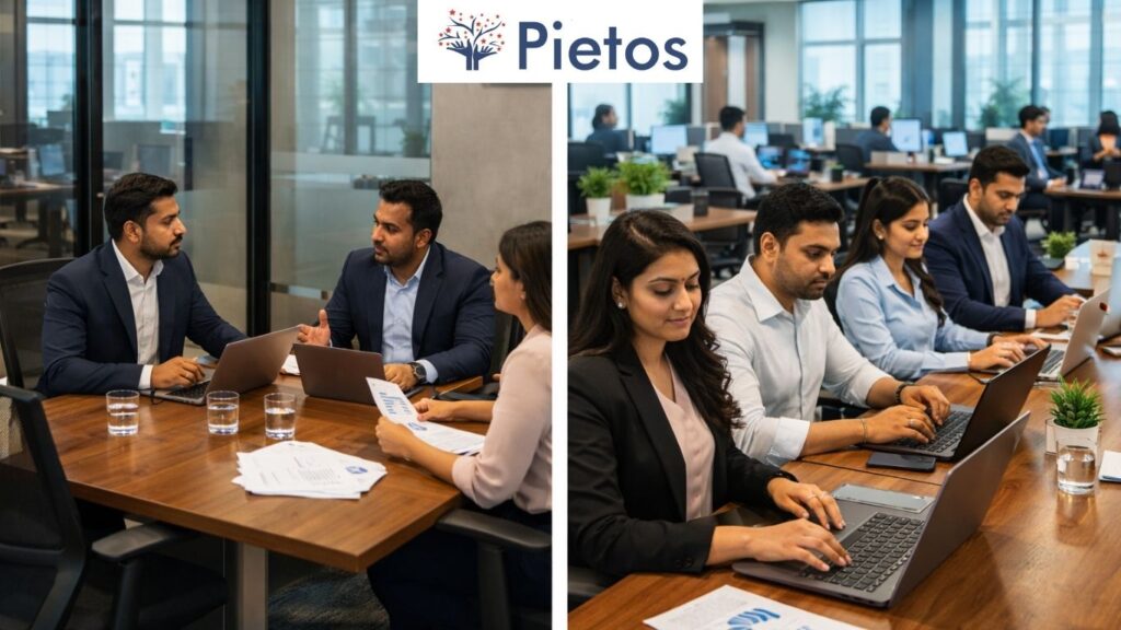 Indian professionals discussing employee background verification reports during a client meeting at Pietos office.