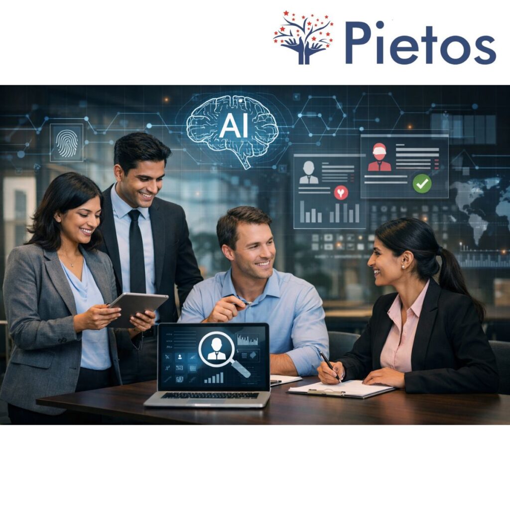 AI background verification in India – HR professionals reviewing employee screening data with digital risk analysis dashboard