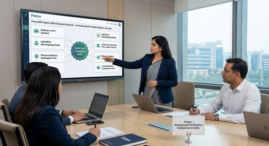 Pietos BGV Dashboard displaying 2026 enterprise background verification services in Noida, India.
