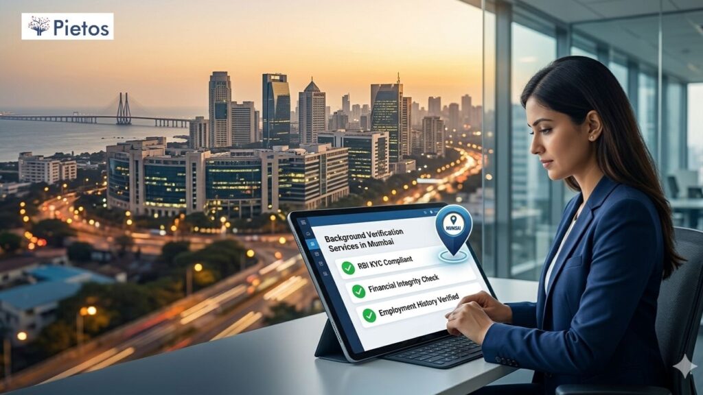 Compliance officer reviewing Background Verification Services in Mumbai on a tablet dashboard in BKC, featuring the Bandra-Worli Sea Link and RBI compliance check. Pietos BGV Mumbai.