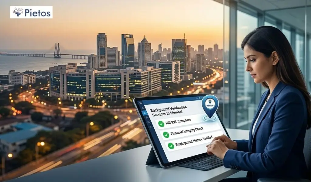 Compliance officer reviewing Background Verification Services in Mumbai on a tablet dashboard in BKC, featuring the Bandra-Worli Sea Link and RBI compliance check. Pietos BGV Mumbai.