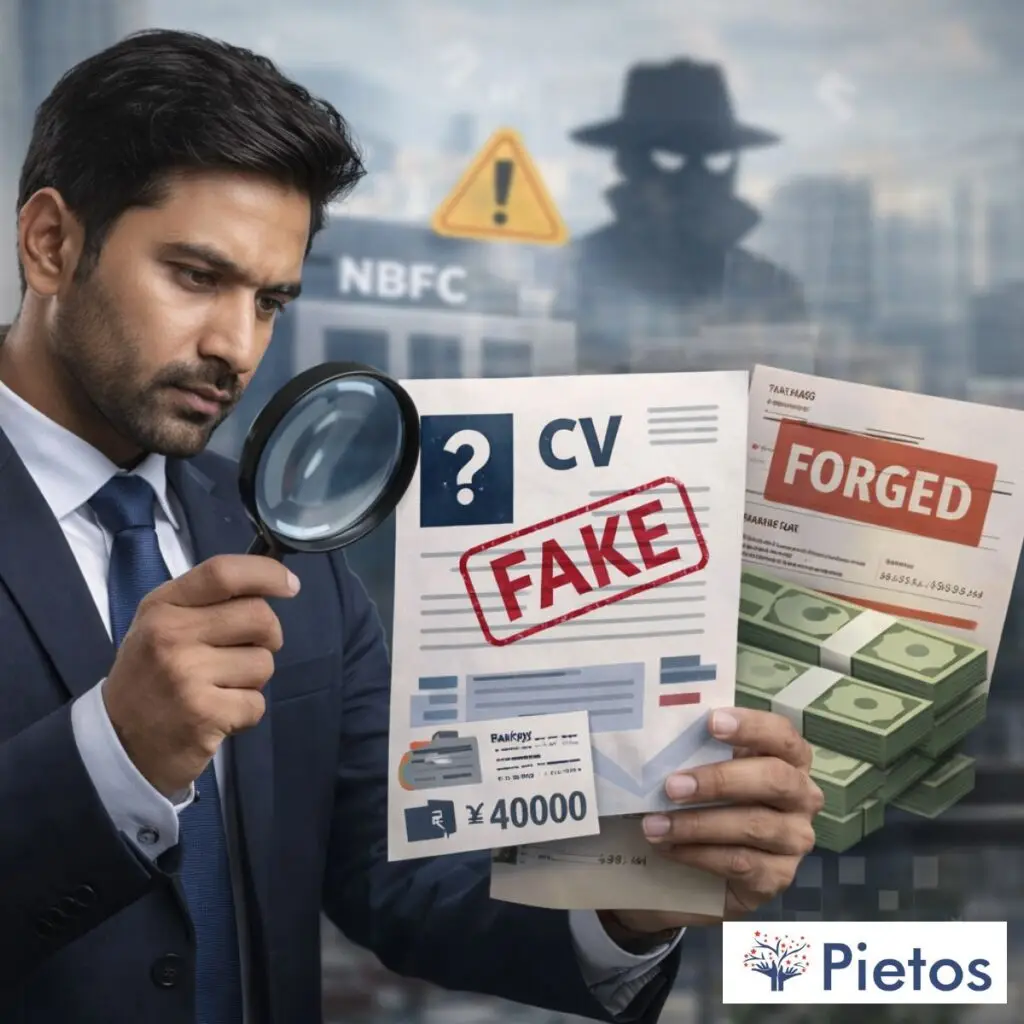 Indian HR professional examining fake resume and documents representing hiring fraud in NBFCs during background verification