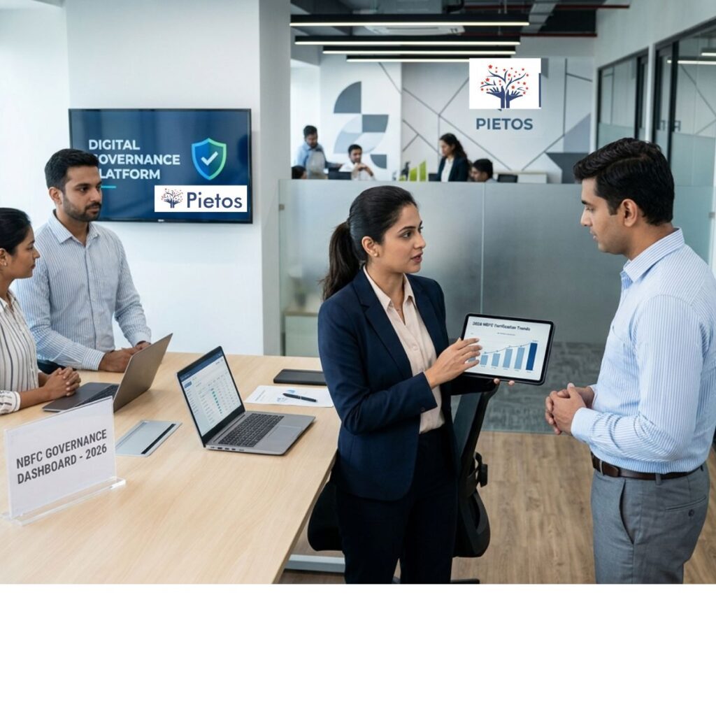 A Pietos compliance team analyzing data for high-governance NBFC Background Verification 2026 on a tablet.