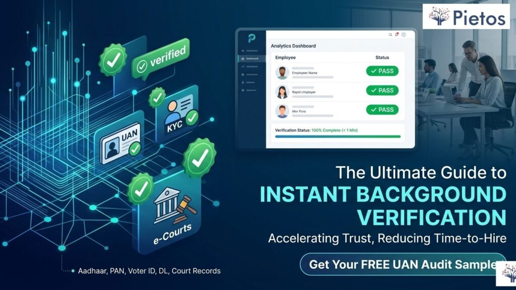 Pietos dashboard displaying instant verification capabilities for UAN, KYC, and e-Courts in under one minute.