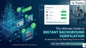 Pietos dashboard displaying instant verification capabilities for UAN, KYC, and e-Courts in under one minute.