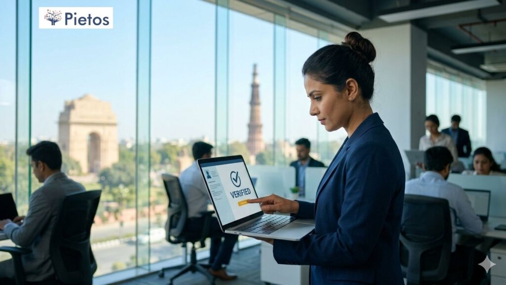 HR professional using a laptop for employment screening in an office, symbolizing BGV Companies Delhi NCR services with the India Gate in the background.