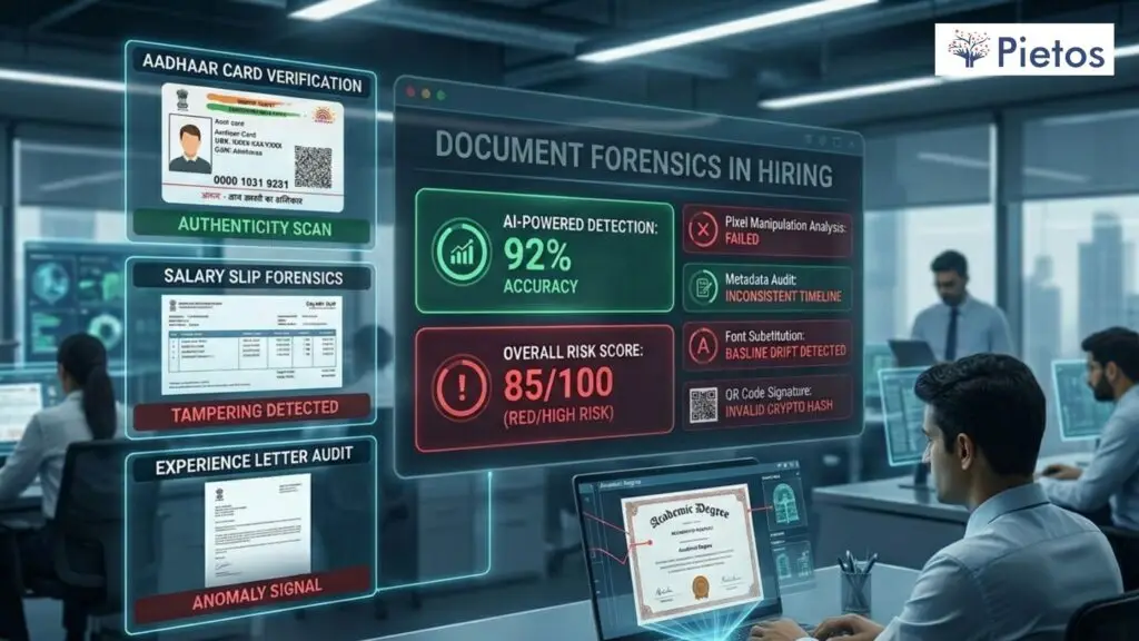 An AI-powered document forensics dashboard showing a 92% verification accuracy score while scanning manipulated identity documents, Aadhaar cards, and fake salary slips for hiring fraud detection.