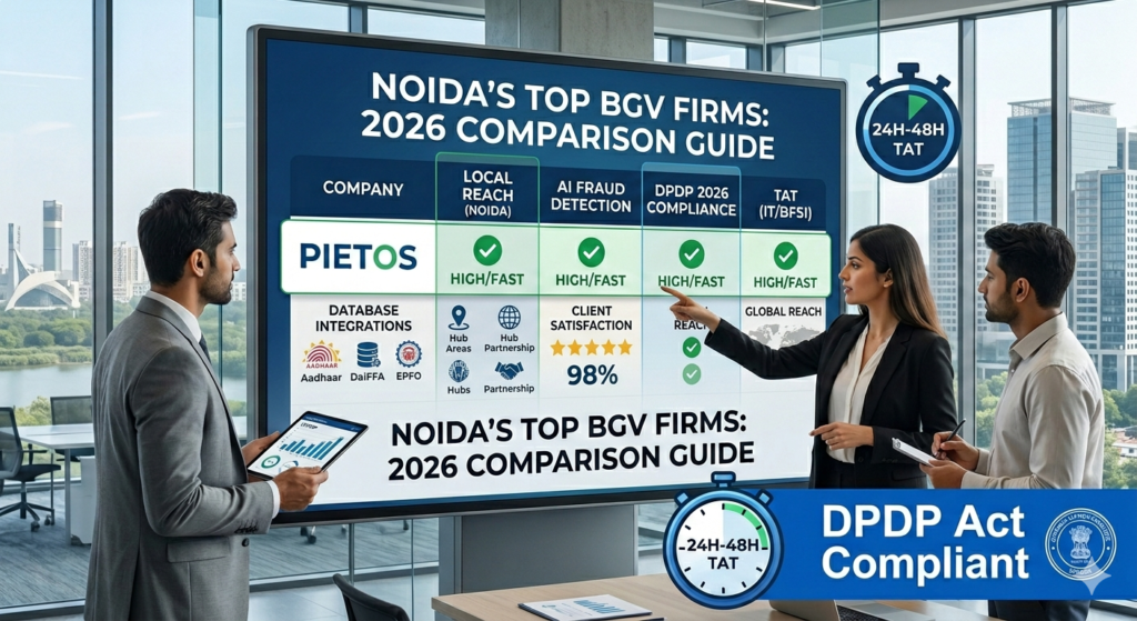 An original infographic comparing BGV services in Noida. The 2026 matrix shows Pietos excelling in AI fraud detection, DPDP Act compliance, and 24-hour turnaround time for IT and BFSI firms.