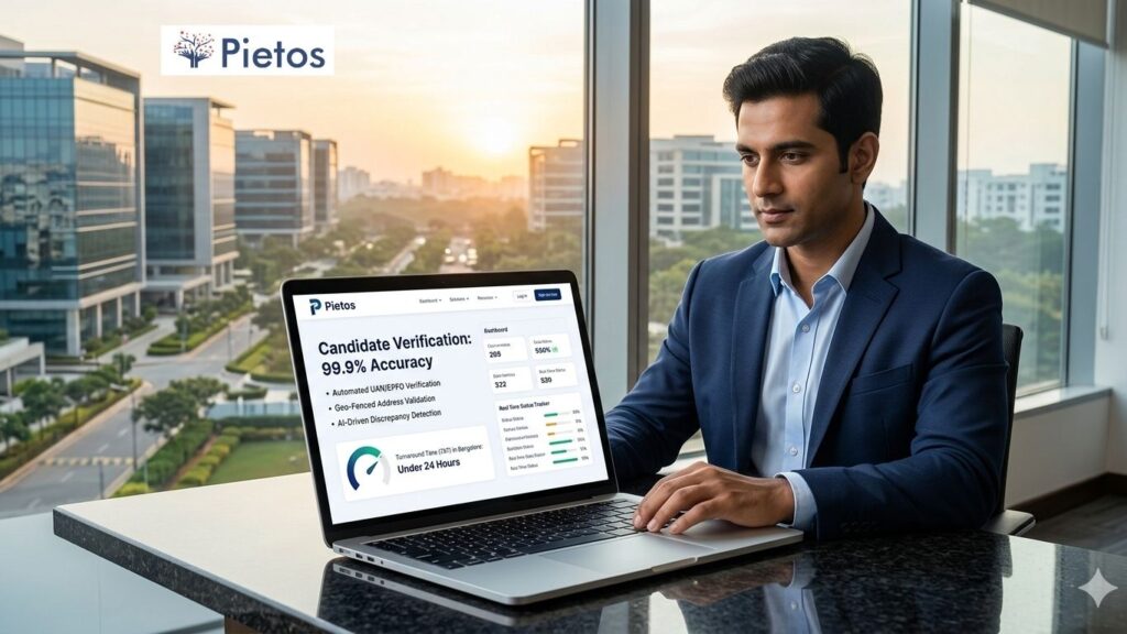 An HR leader evaluating BGV vendors in Bangalore using the Pietos automated verification dashboard showing 99.9% accuracy metrics.