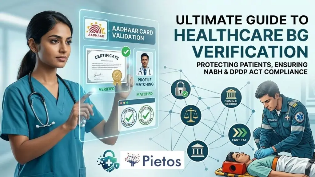 An Indian nurse using Pietos automated background verification platform to check Aadhaar card validity, medical council registration, and DPDP Act compliance for hospital staffing.