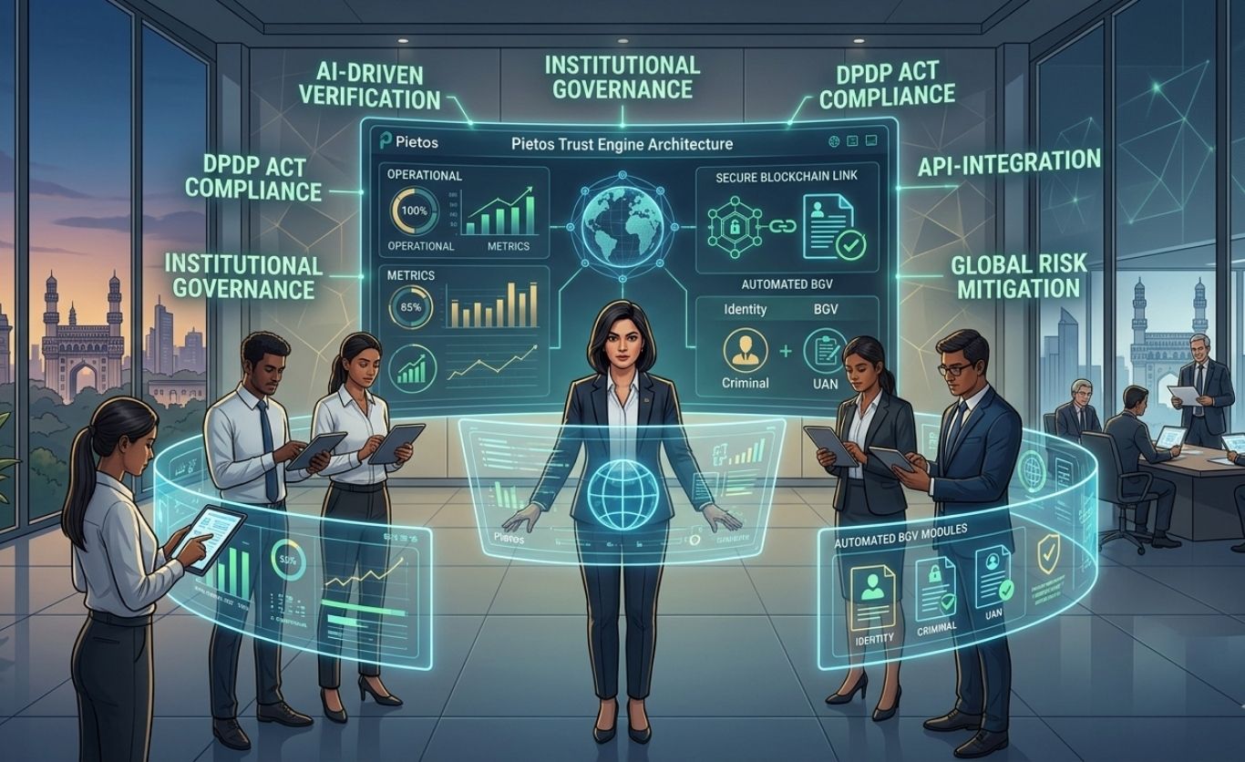 Pietos Enterprise Background Verification Engine Architecture Optimized Pietos BGV Leadership visual showing technical dashboard architecture, DPDP Act compliance engines, and automated identity screening modules, positioning Pietos among top background verification companies in India