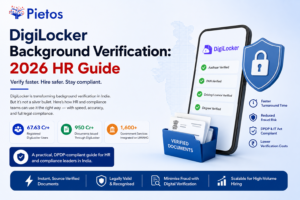 DigiLocker Background Verification 2026 HR Guide infographic by Pietos showing how HR teams can use DigiLocker for faster employee verification, fraud prevention, DPDP compliance, Aadhaar verification, PAN verification, degree verification, and paperless background checks in India.