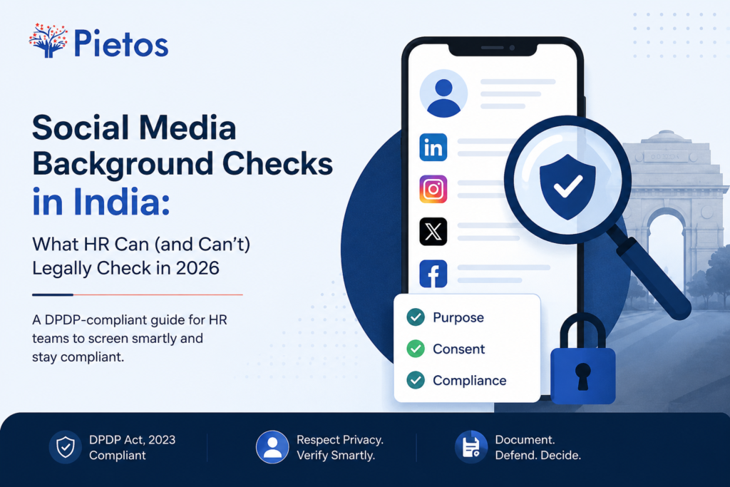 Professional blog banner for Pietos illustrating social media background checks in India. The image features a smartphone displaying social media profiles, a magnifying glass with a security shield, a padlock, and compliance icons, representing DPDP-compliant candidate screening, privacy, digital footprint verification, and HR background verification.