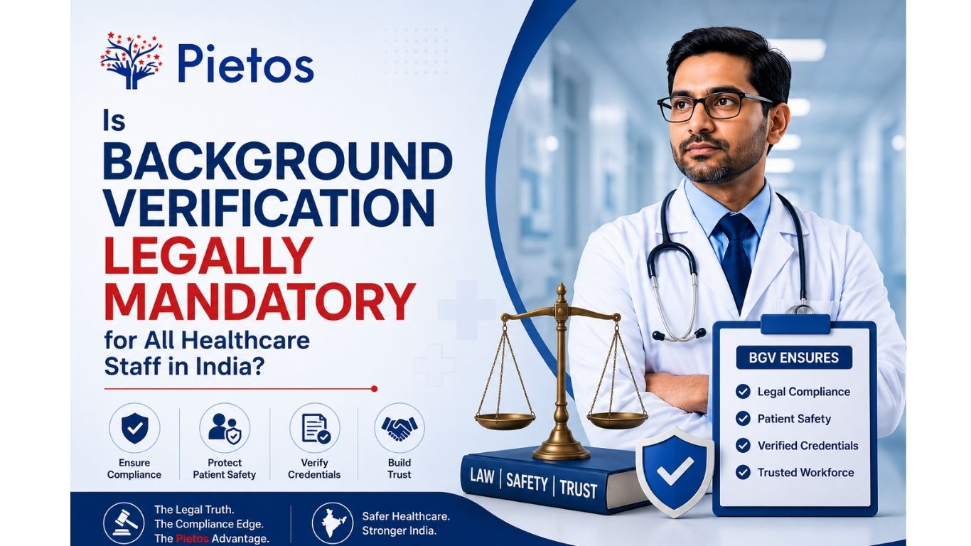 A conceptual balance scale and magnifying glass detailing legal compliance and trust infrastructure for healthcare background verification in India.