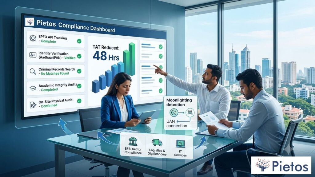 Pietos enterprise compliance dashboard displaying automated background verification services, including real-time EPFO UAN mapping and identity checks.