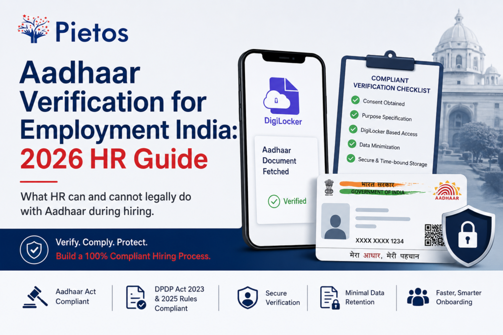 Pietos blog banner titled "Aadhaar Verification for Employment India: 2026 HR Guide" featuring a smartphone displaying DigiLocker-based Aadhaar verification, a compliant verification checklist, a sample Aadhaar card, and security icons. The image highlights compliant Aadhaar verification for employment, DigiLocker authentication, DPDP Act 2023 and 2025 Rules compliance, secure identity verification, and privacy-first hiring practices for HR and compliance teams in India.
