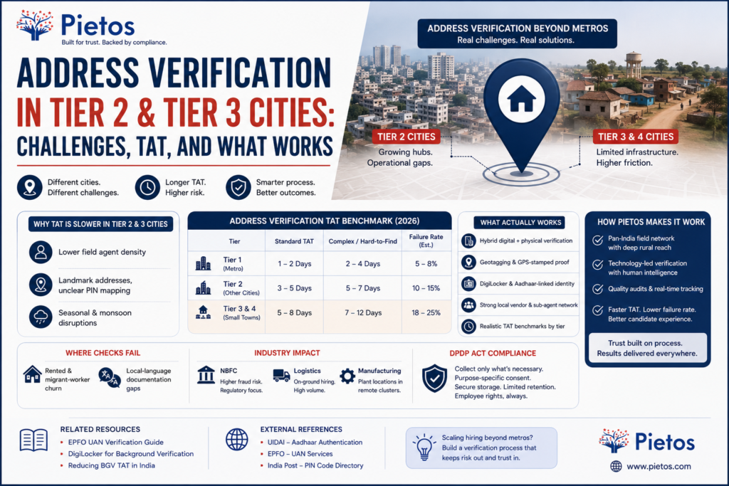 Address verification in Tier 2 and Tier 3 cities India blog banner by Pietos illustrating address verification challenges beyond metro cities, BGV turnaround time (TAT) benchmarks, hybrid digital and physical verification, geotagging, DigiLocker integration, DPDP-compliant verification, and nationwide background verification for NBFC, logistics, and manufacturing companies.
