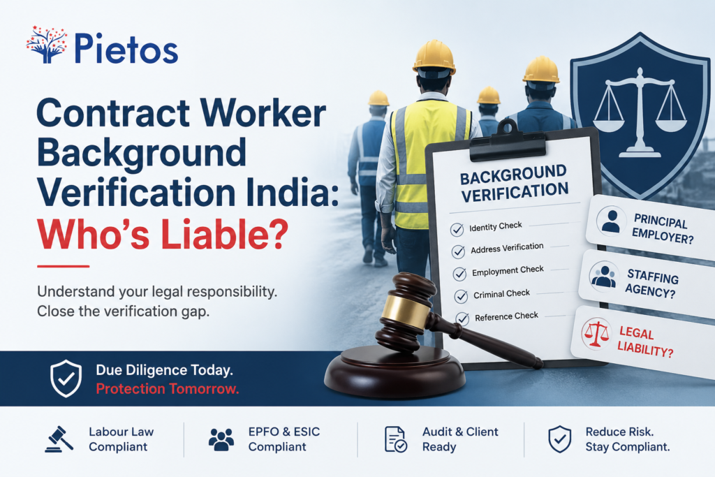 Contract Worker Background Verification India blog banner by Pietos showing construction and industrial contract workers, a background verification checklist, legal liability symbols, and the question "Who's Liable?" The illustration highlights due diligence, staffing agency compliance, principal employer responsibility, EPFO and ESIC compliance, labour law compliance, and contractor verification in India.