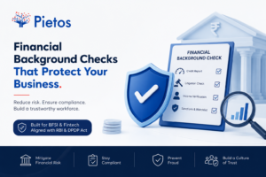 Pietos financial background check illustration showing a compliance checklist, security shield, bank icon, and analytics graphic for BFSI and fintech hiring in India.