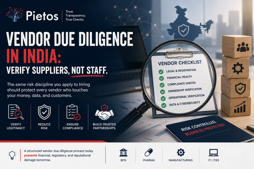 Illustration of a vendor due diligence process in India featuring a vendor verification checklist under a magnifying glass, surrounded by compliance, security, and risk management elements. The banner highlights legal verification, financial health, regulatory compliance, ownership checks, operational verification, and cybersecurity assessments, emphasizing the importance of verifying suppliers before onboarding.