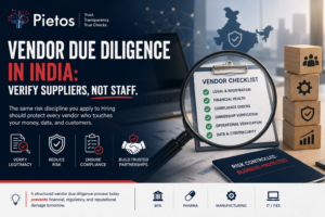 Illustration of a vendor due diligence process in India featuring a vendor verification checklist under a magnifying glass, surrounded by compliance, security, and risk management elements. The banner highlights legal verification, financial health, regulatory compliance, ownership checks, operational verification, and cybersecurity assessments, emphasizing the importance of verifying suppliers before onboarding.