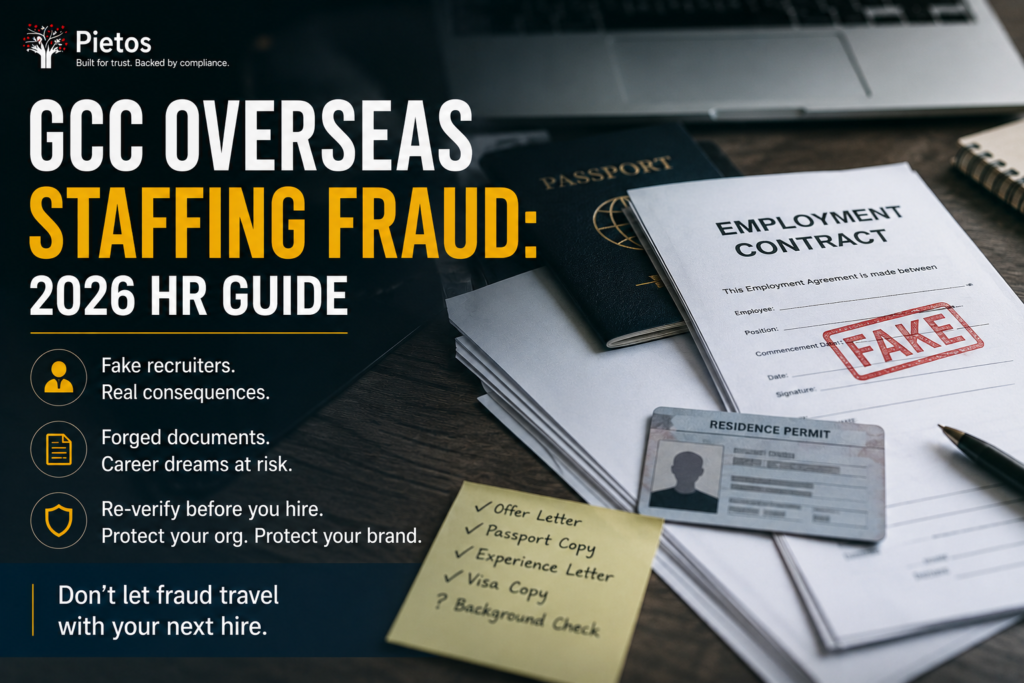 GCC overseas staffing fraud 2026 HR guide by Pietos featuring fake employment contracts, forged passports and residence documents, overseas recruitment fraud risks, and background verification for GCC hiring.