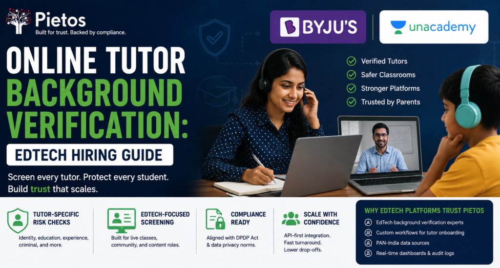 Online Tutor Background Verification blog banner by Pietos featuring online tutor screening, EdTech background verification, tutor identity and education verification, student safety, parent trust, and online learning platforms with BYJU'S and Unacademy as examples of the EdTech sector in India.