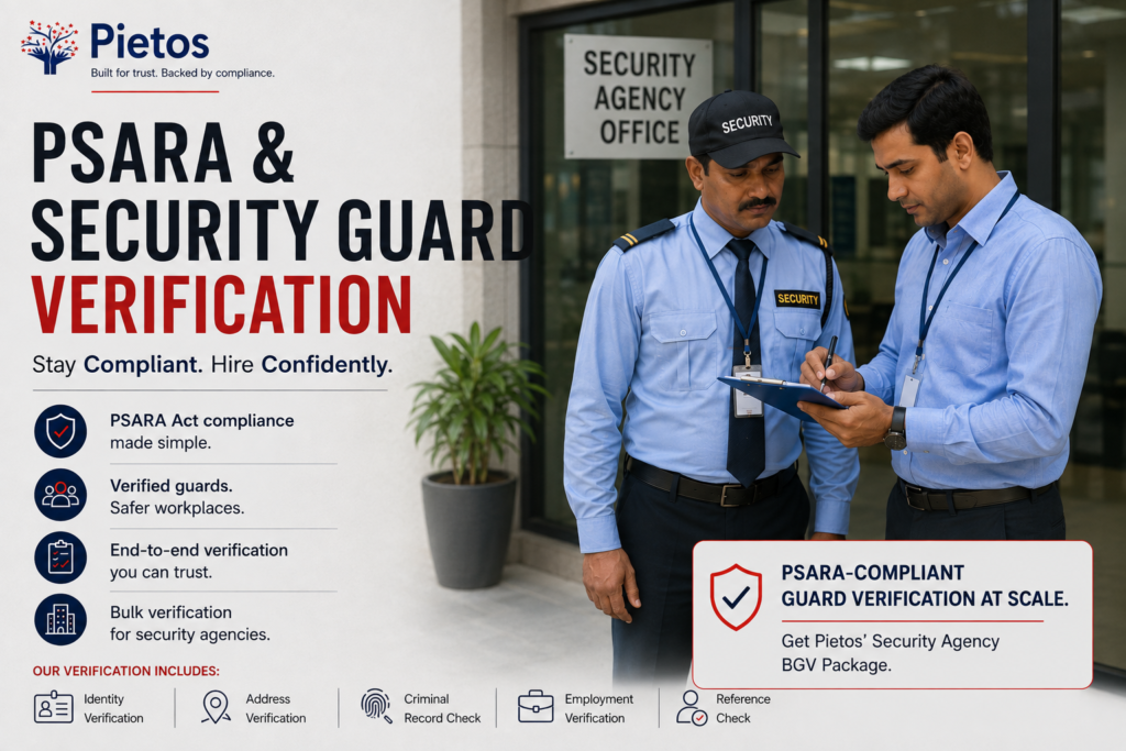 PSARA and security guard verification blog banner by Pietos featuring a security guard reviewing documents, PSARA compliance, identity, address, criminal record, employment and reference verification for security agencies in India.