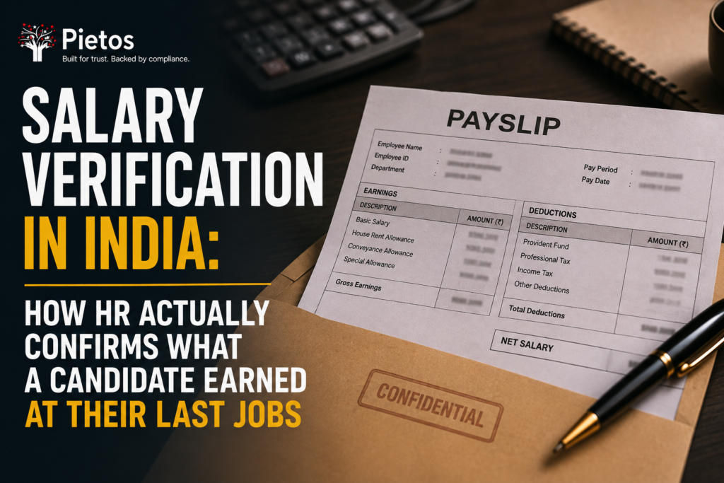 Salary verification India blog banner by Pietos featuring a payslip, salary earnings and deductions, confidential payroll documents, and HR employment verification to confirm a candidate’s previous compensation.