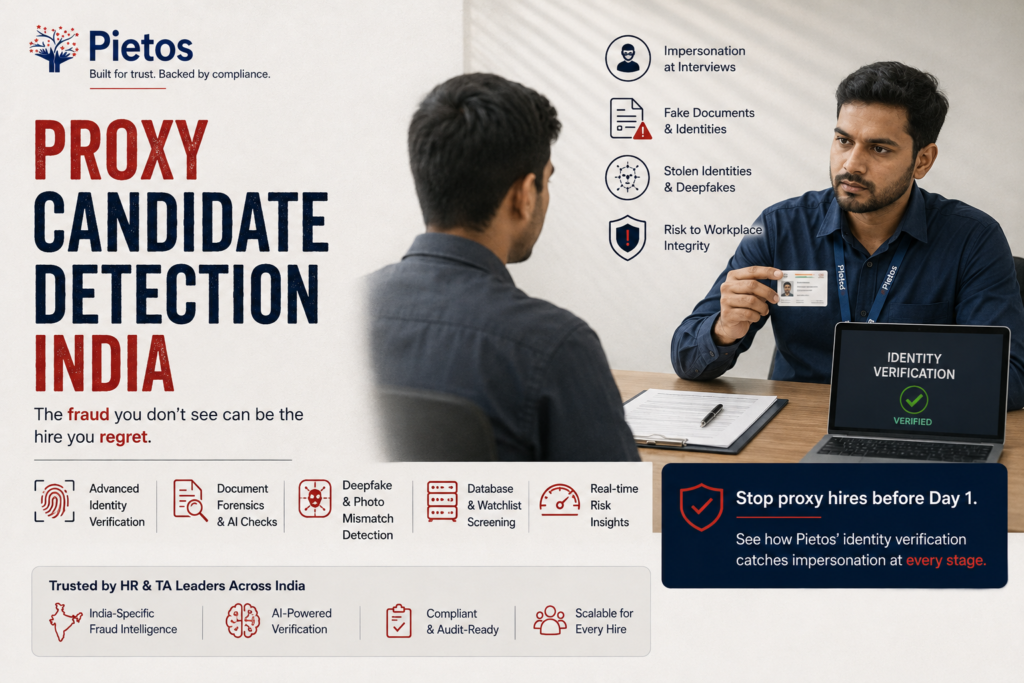 Proxy candidate detection India blog banner by Pietos featuring identity verification, interview impersonation detection, fake documents, deepfake and photo mismatch detection, database screening, and fraud prevention for HR teams.