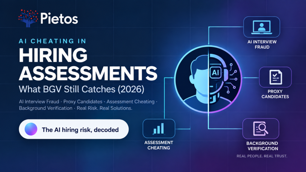 Pietos infographic explaining AI cheating in hiring assessments and what background verification can still catch in 2026, including AI interview fraud, proxy candidates, assessment cheating, and BGV.