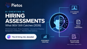 Alt text: Pietos infographic explaining AI cheating in hiring assessments and what background verification can still catch in 2026, including AI interview fraud, proxy candidates, assessment cheating, and BGV.