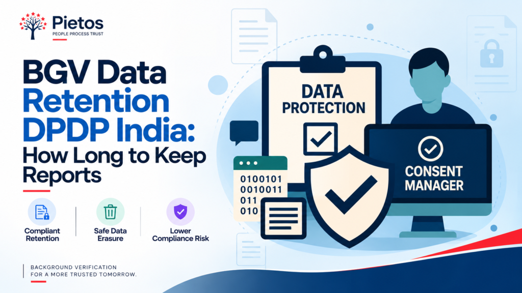 Pietos infographic explaining BGV data retention under the DPDP framework in India, featuring data protection, consent management, secure data erasure, and compliant background verification.