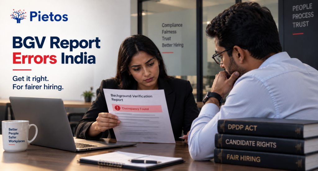 Pietos corporate banner showing HR professionals reviewing a background verification report with a flagged discrepancy, highlighting candidate rights, DPDP compliance, fair hiring, and BGV report error correction.