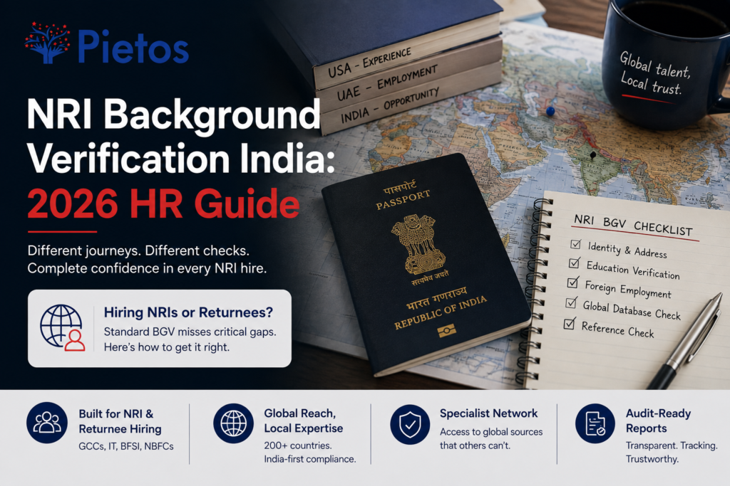 Pietos NRI background verification banner featuring an Indian passport, world map, and BGV checklist for identity, education, foreign employment, database, and reference verification.