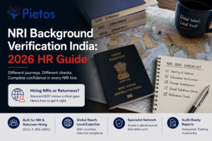 Pietos NRI background verification banner featuring an Indian passport, world map, and BGV checklist for identity, education, foreign employment, database, and reference verification.
