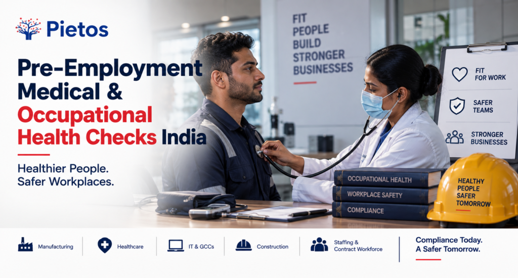 Pietos banner showing a pre-employment medical examination, with a doctor assessing a worker and highlighting occupational health, workplace safety, and compliance in India.